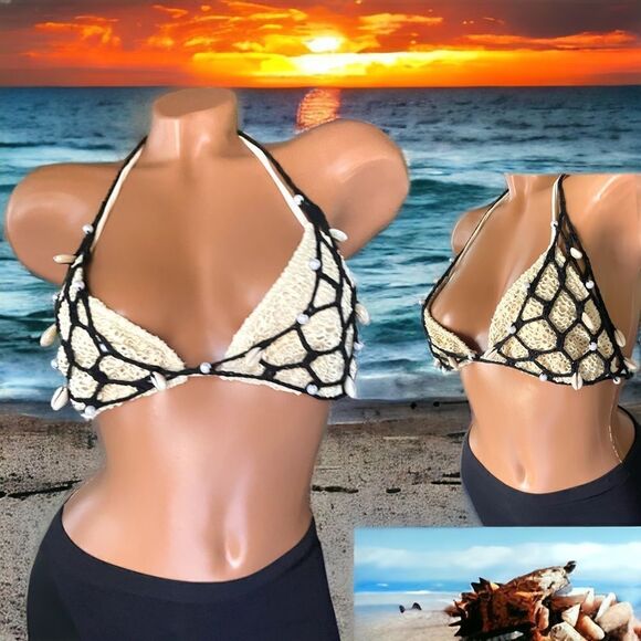 SeaShell Bikini Cover l Black String l Tie Back l Triangle Cut l OS l New - Picture 4 of 12